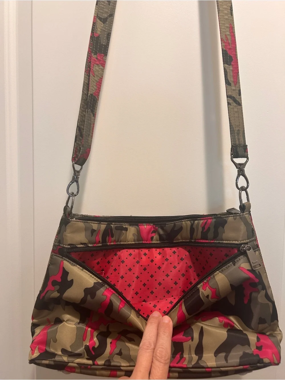 LUG Samba XL Quilted Camouflage Crossbody Bag in Olive and Hot Pink